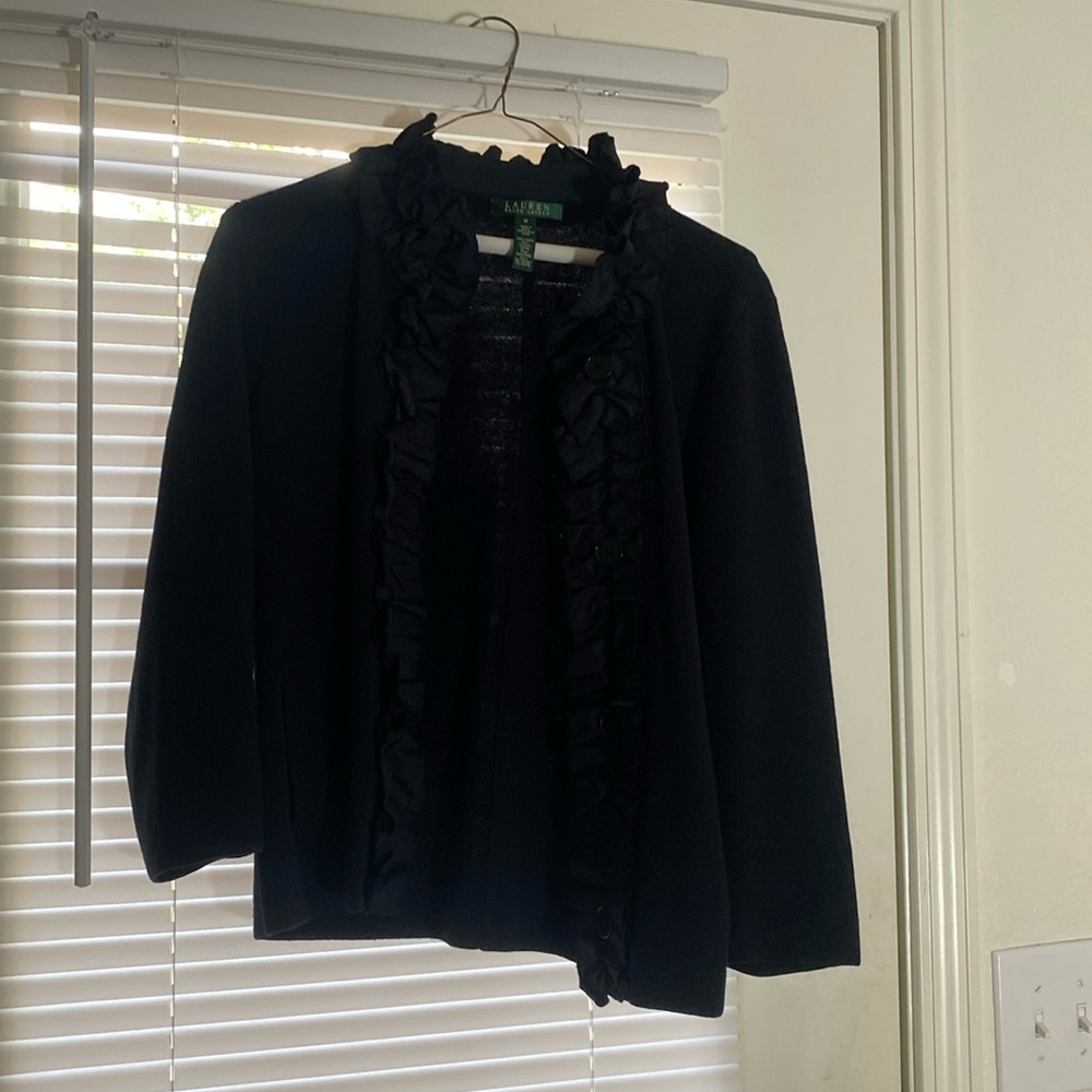 Black Ralph lauren ruffle cardigan.